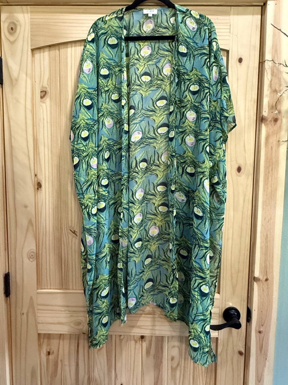 Umgee Green Peacock Feather Print Kimono Cardigan
